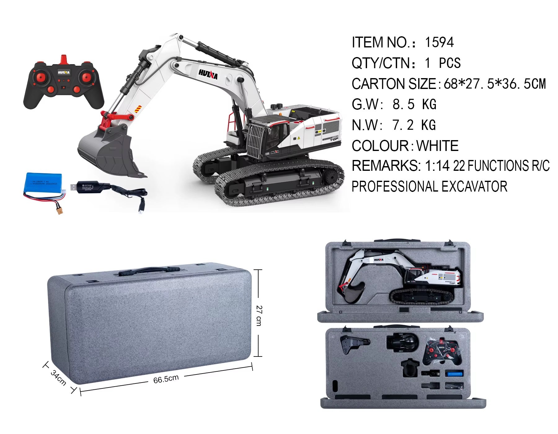Huina 1594 1:14 RC Excavator – 22-Channel Metal 4-in-1 Construction Truck